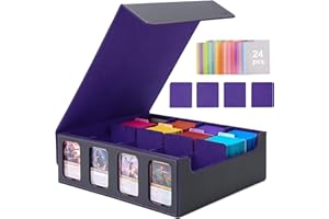 Venssu Card Storage Box for Trading Cards with Card Supporters, 3000+ MTG Deck Box with 24 Colorful Divider Tabs, Trading Card Storage with Viewing Windows Fits for Magic Game(Black and Purple)