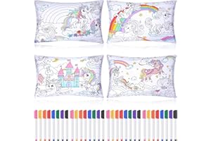 Mindsoft 4 Pcs Unicorn Coloring Pillowcase with 12 Pcs Markers Color Your Own Pillowcase Kit for Coloring Craft Decoration Supplies, 28.7 x 19.7 Inch