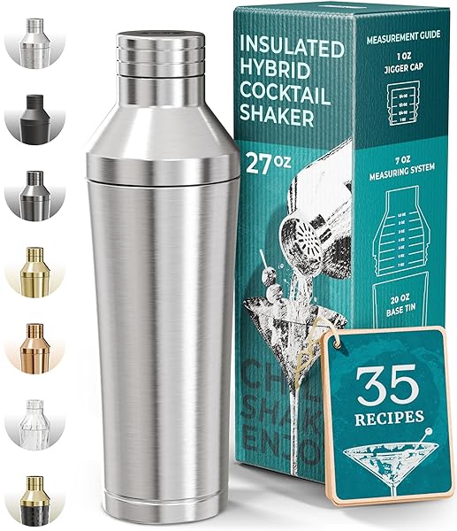 BARE BARREL INSULATED COCKTAIL SHAKER SET | DOUBLE WALL STAINLESS STEEL | MARTINI SHAKER FOR HOME BAR BARTENDING | BUILT-IN DRINK MEASURE SYSTEM & STRAINER, TRAVEL BAG, RECIPES | GIFT SET (SILVER)