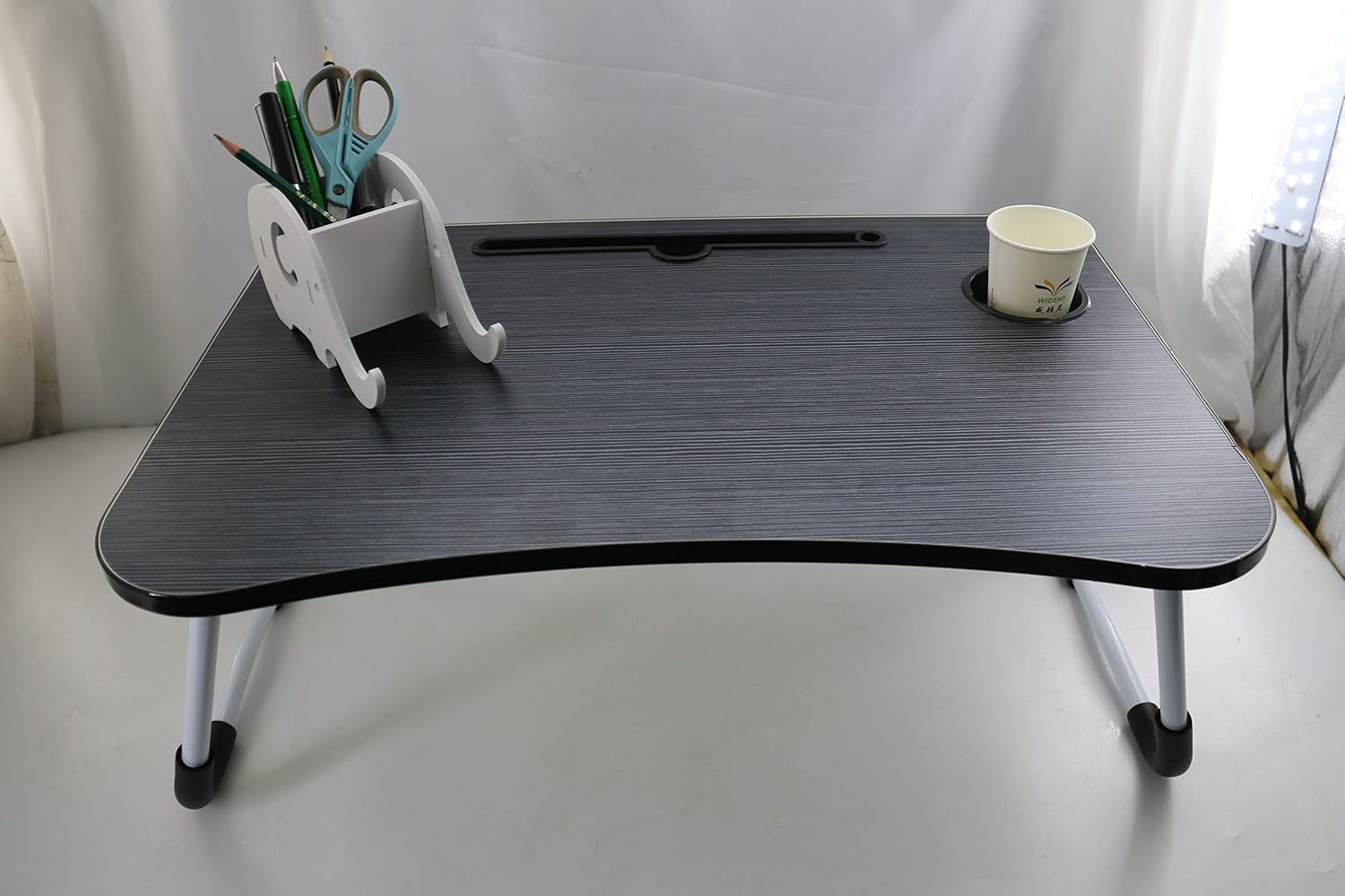 Foldable Bed Desk Laptop Lap Tray Table Couch Floor Multifunction | Study Eating | Drawer Cup Holder + Pen Holder with Cellphone Stand | Wood Lap Desk & Metal Legs | 24”x16”x12” Set 2 pcs (Black)