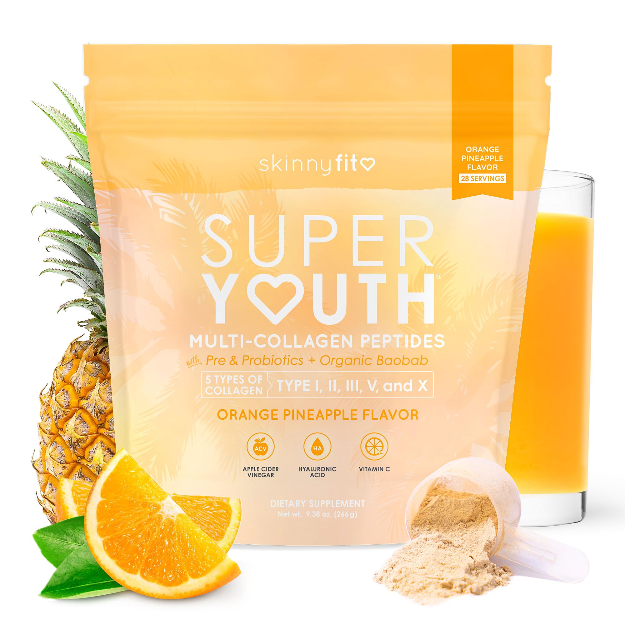 Super Youth Multi-Collagen Peptides + Organic Baobab and Probiotics (Orange Pineapple)