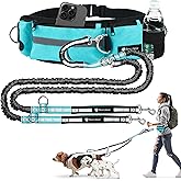 Waist Leash for Double Dog Walking 2 Small, Medium and Large Dogs; Shock-Absorbing, No Pull, No Tangle, Heavy Duty, Hands-Free Double Bungee 2 Dog Leash; Hiking, Walking, Running Gear with Accessories