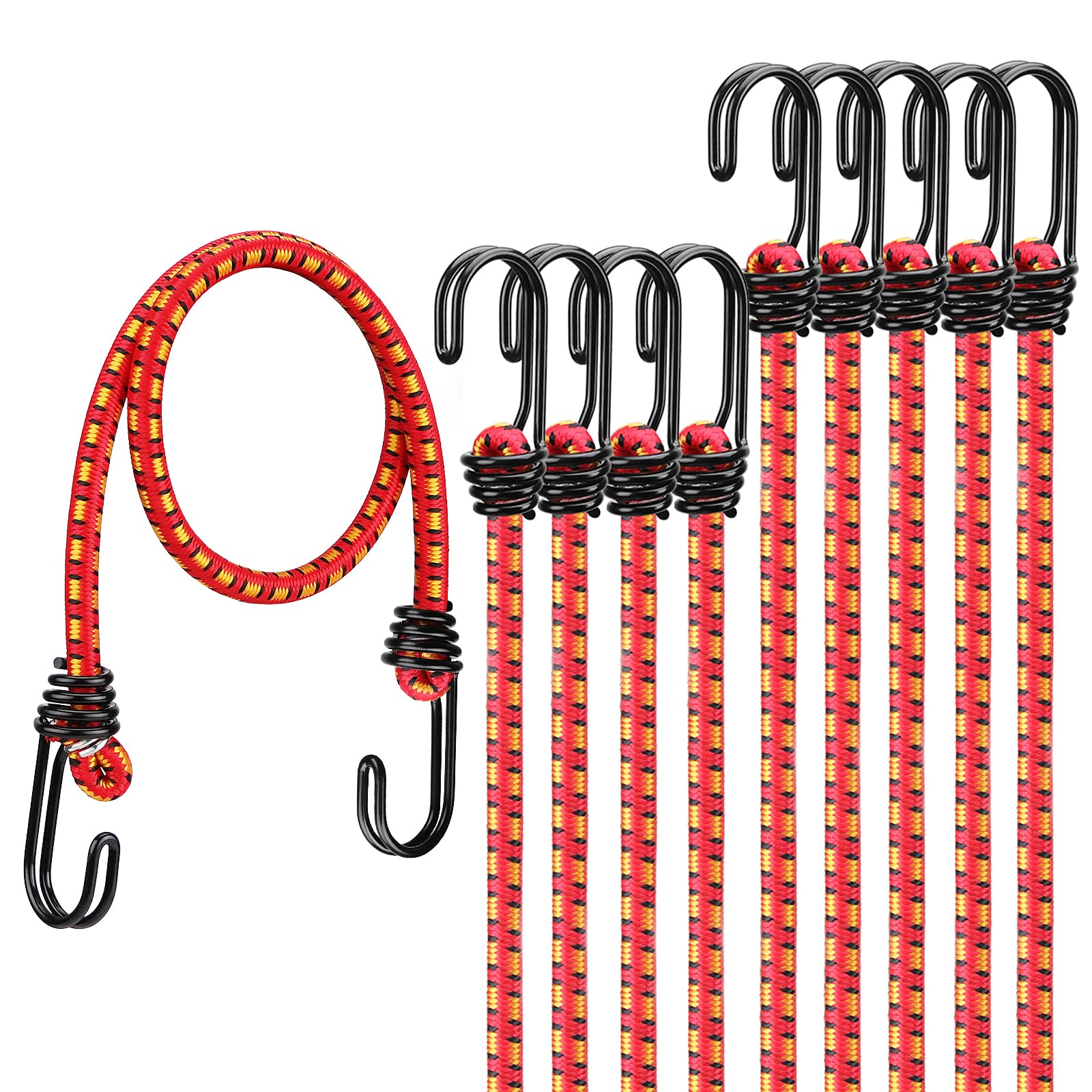 Photo 1 of 24" Elastic Bungee Cords with Hooks: 10 Pcs Bungee Cords Heavy Duty Outdoor, Bungie Cord Bundle Assortment with Metal Hook, Bungee Straps for Kayaking, Camping, Garage Storage
