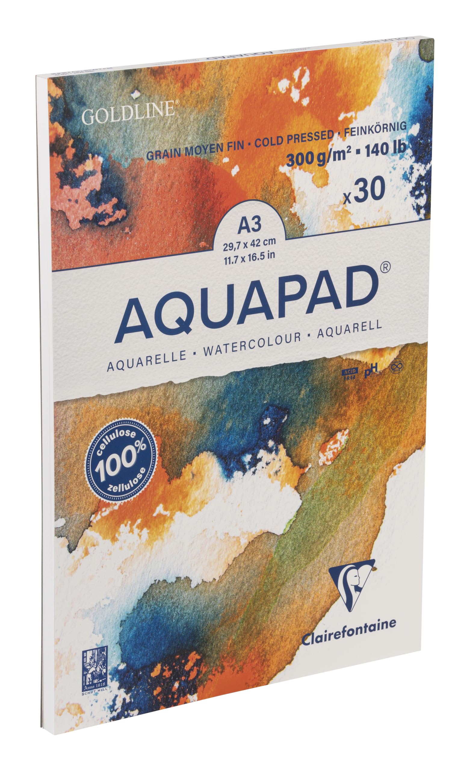 Clairefontaine 975722C Goldline Aquapad Glued Pad - 30 Sheets of Medium-Fine Grain White Watercolour Paper A3 29.7 x 42 cm 300g - Ideal for Watercolour