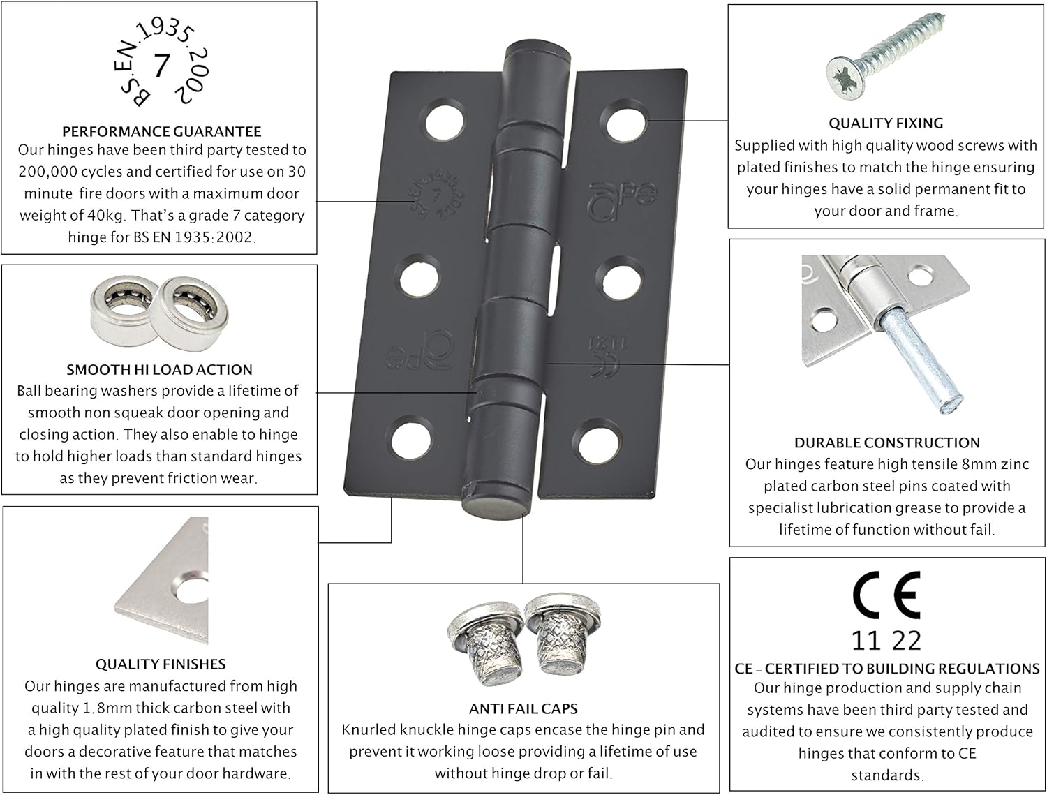 Door Hinge 3" / 76mm Black with Ball Bearing Washer CE Grade 7 for Fire Door 4 Pair - Image 3