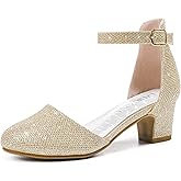 LAURMOSA Girls Dress Shoes Closed Toe Chunky High Heels Ankle Strap Wedding Party Pump Shoes