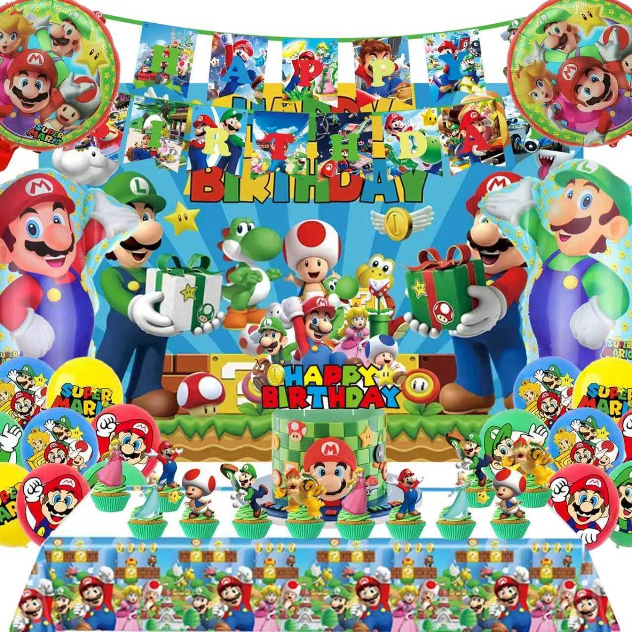 Birthday Party Decorations,48PCS Mario Cartoon Theme Supplies - 1 Backdrop, 1 Banner, 4 Aluminum Balloons, 1 Tablecloth, 25 Cake Toppers, 16 Latex Balloons.