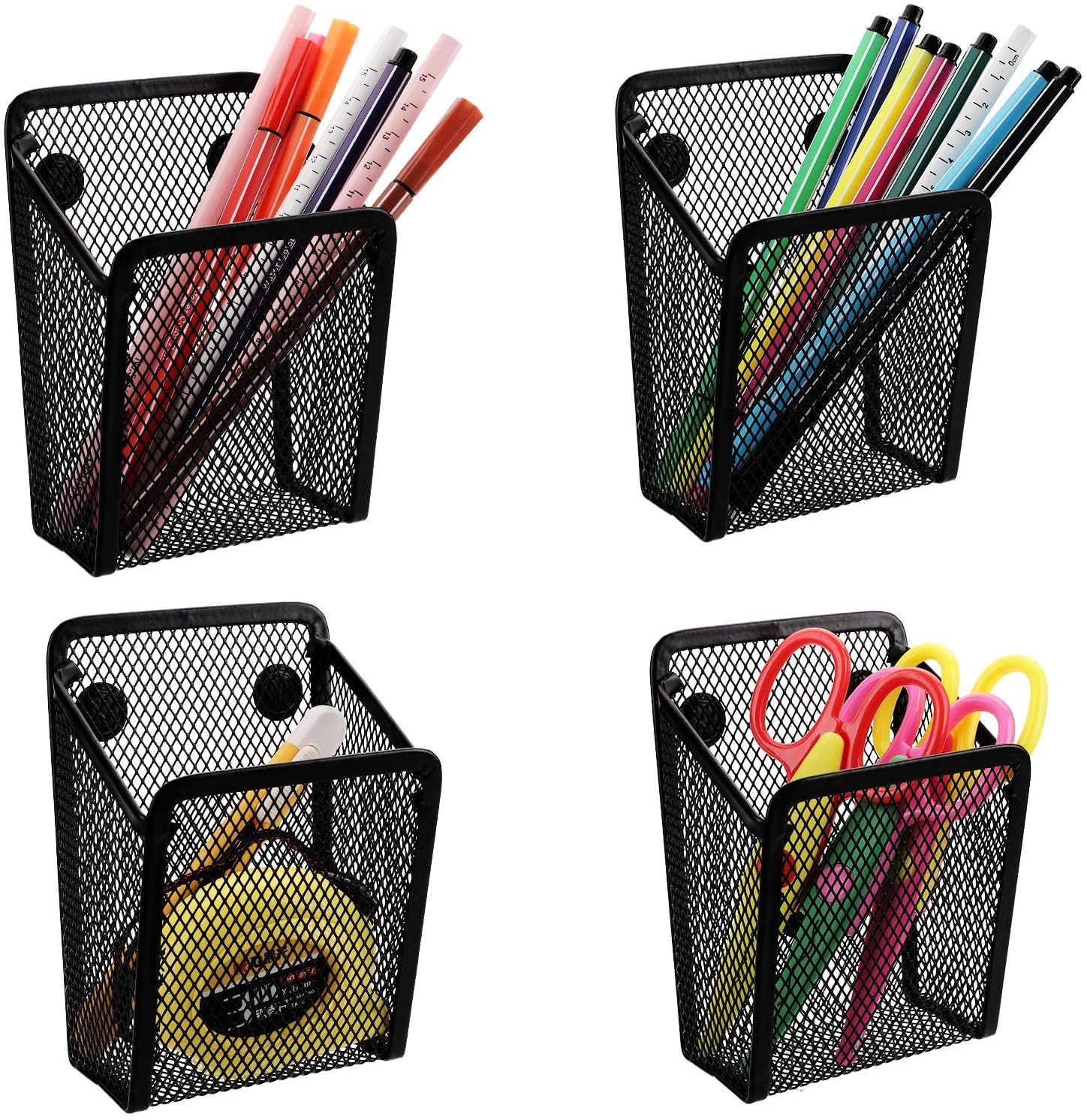 Jucoan 4 Pack Magnetic Pen Pencil Holder, Black Mesh Metal Organizer, Generous Compartment Storage Basket for Whiteboard, Fridge, Cubicle Desks, Locker Accessories