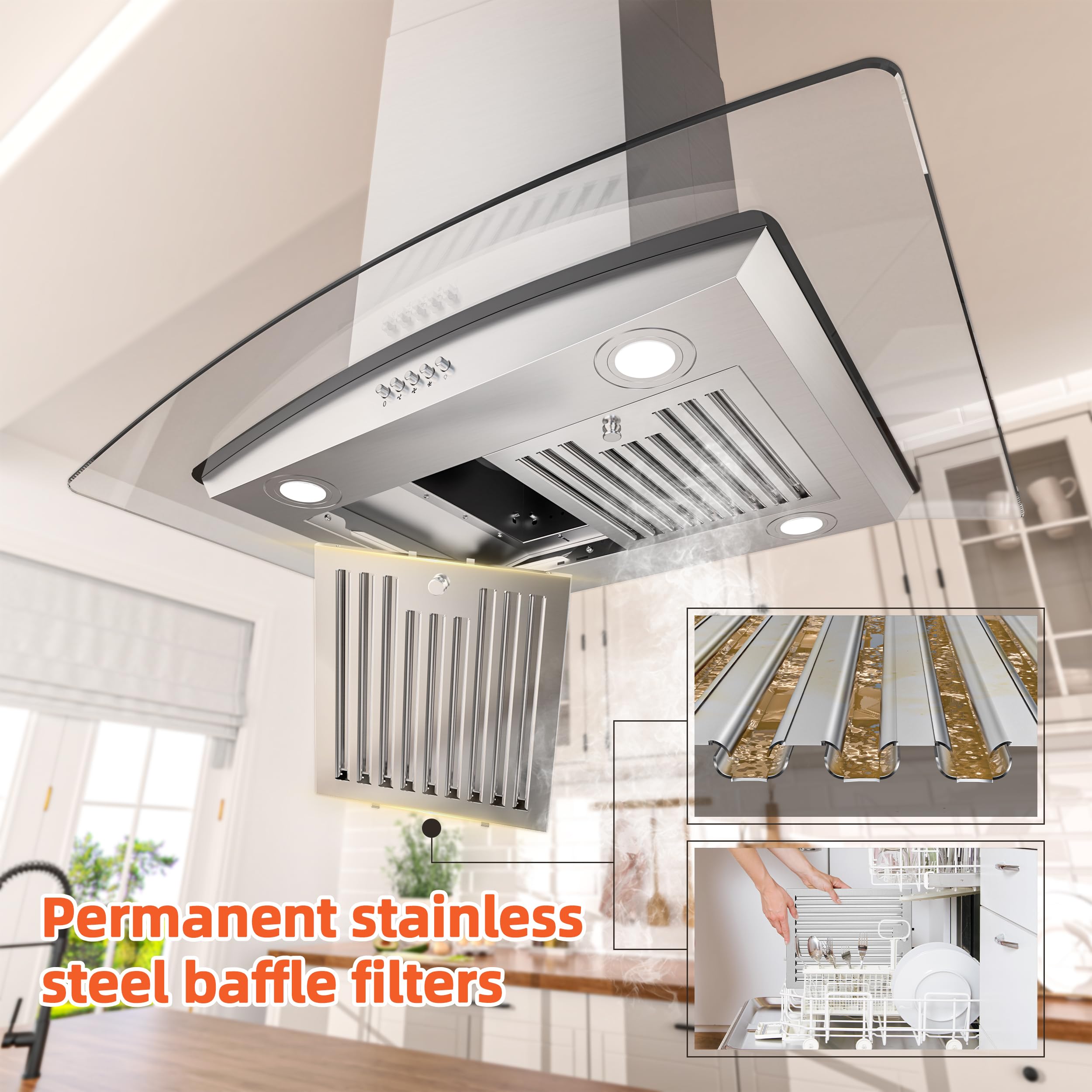 FIREGAS Island Range Hood 30 inch with 700 CFM, Ceiling Mount Kitchen Vent Hood Ducted/Ductless Convertible, Stainless steel stove hood with 3 speed fan, 4 lights, Tempered Glasss, Charcoal Filters