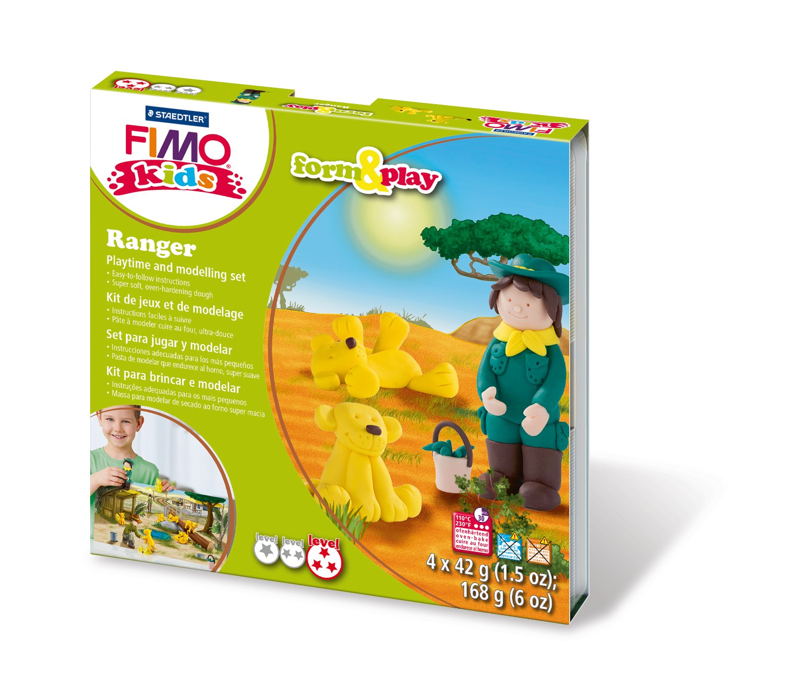 STAEDTLER 8034 26 LYST Ranger Fimo Kids Form&Play Set (Super Soft, Oven-Hardening Clay, Easy Instructions, resealable Box, Set of 4 Blocks, 1 Modelling Stick and 1 Play Background) โ image 1