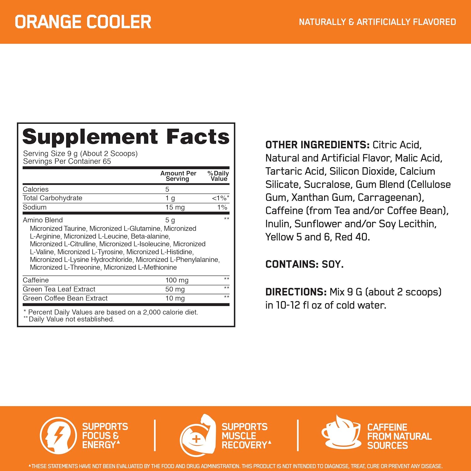 Optimum Nutrition Amino Energy - Pre Workout with Green Tea, BCAA, Amino Acids, Keto Friendly, Green Coffee Extract, Energy Powder - Orange Cooler, 65 Servings: Health & Personal Care