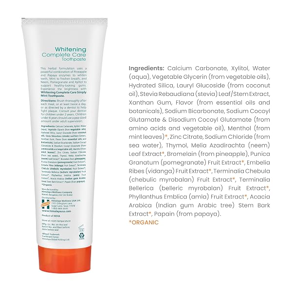 HIMALAYA BOTANIQUE WHITENING COMPLETE CARE TOOTHPASTE, TEETH WHITENING, FIGHTS PLAQUE, FLUORIDE FREE, NO ARTIFICIAL FLAVORS, SLS FREE, CRUELTY FREE, FOAMING, SIMPLY MINT FLAVOR, 5.29 OZ, 4 PACK