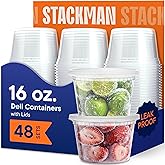 Stack Man 16 oz Deli Containers with Lids (48 Sets) – Pint Clear Plastic Food Storage Containers, Airtight Leak-Resistant Seal, BPA-Free, Microwave & Freezer Safe, Meal Prep Soup Takeout To-Go