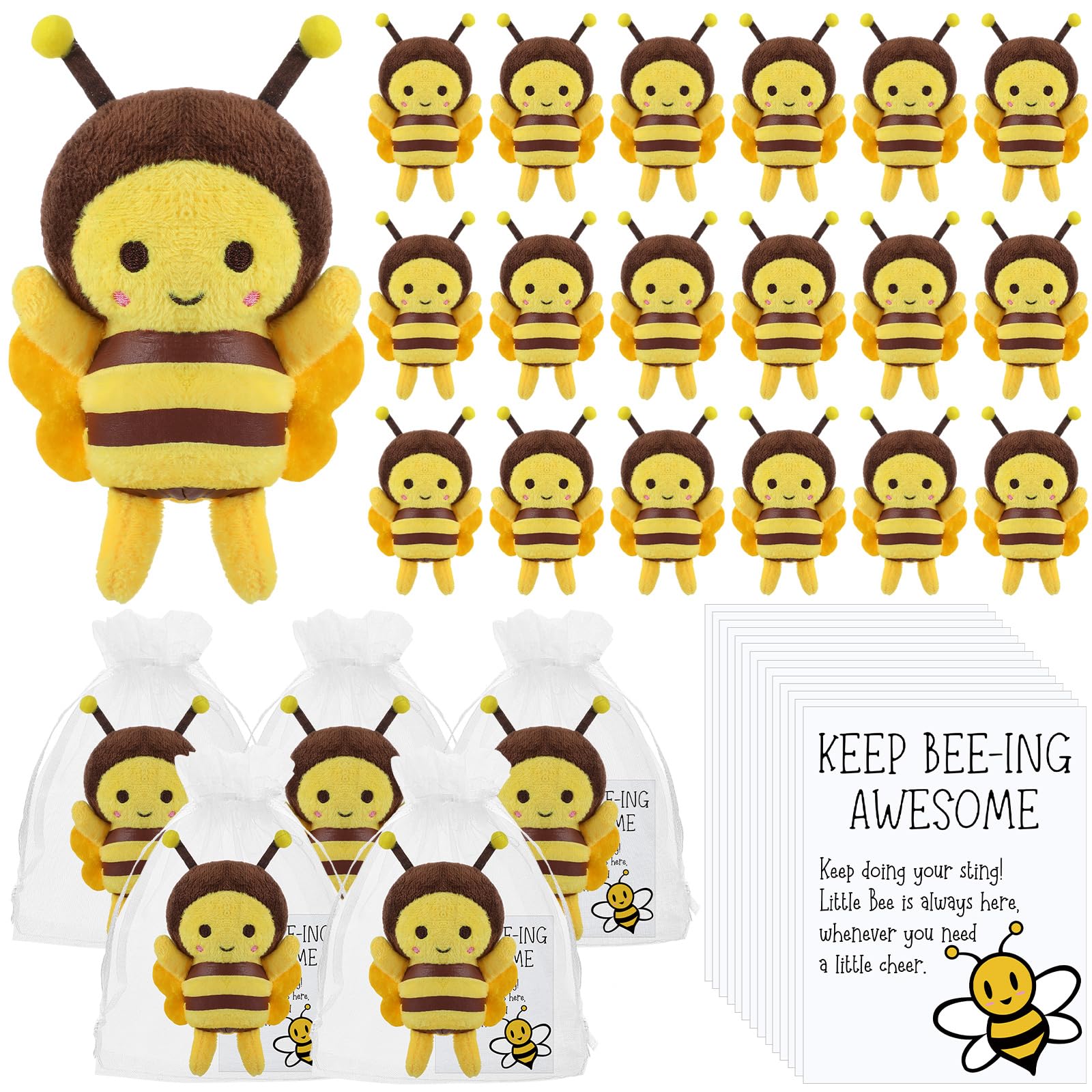 Photo 1 of RoundFunny 24 Sets Bee Stuffed Animal Emotional Plush Included Bee Plush Keychains Inspirational Cards and Organza Bags Positive Gifts for Christmas Birthday Party Supply