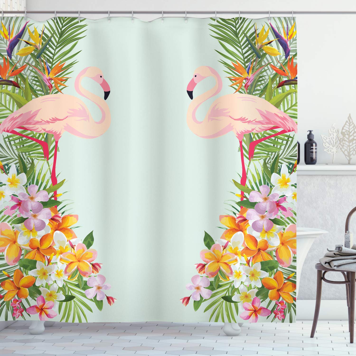 ABAKUHAUS Floral Shower Curtain, Flamingo Birds and Tropical Flowers Exotic Hawaiian Wildlife Animals Print, Cloth Fabric Bathroom Decor Set with Hooks, 175 x 200 cm, Baby Blue Orange — image 1
