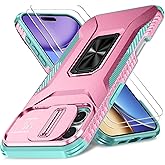 HakkTaoo Case for iPhone 16 Pro Max with Slide Camera Cover+Screen Protector(2 Packs), Military Grade Shockproof Protective Cover, Rotated Ring Kickstand(A - Pink+Celadon)
