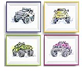 7Dots Art. Set of 4 Monster trucks. Watercolor art