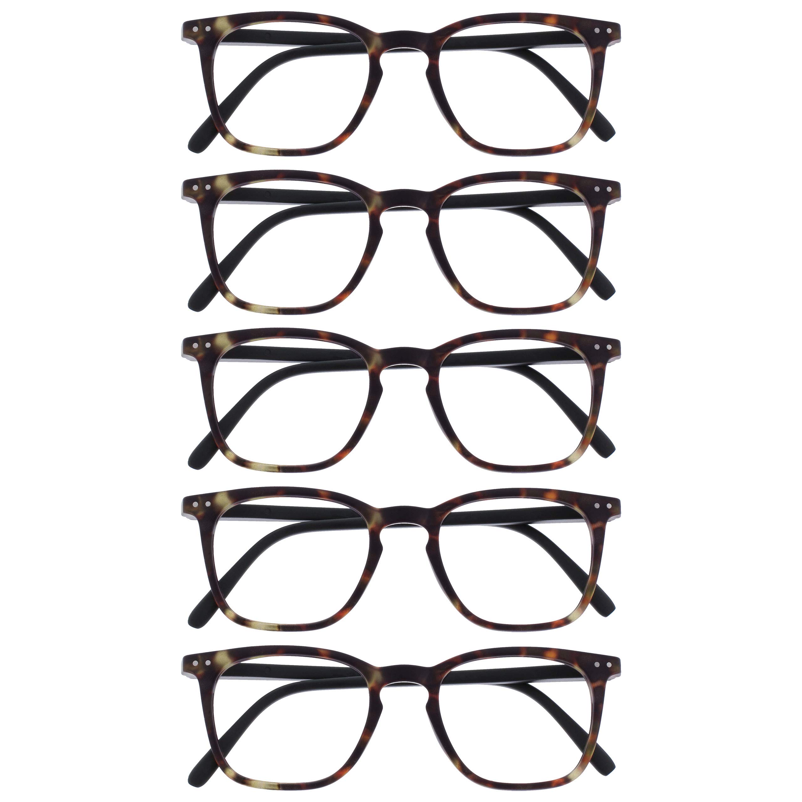 OPULIZE Bex Reading Glasses 5 Pack Large Square Cool Designer Matt Brown Tortoiseshel Frame Spring Hinges Scratch Resistant Mens Womens RRRRR64-2 +3.00