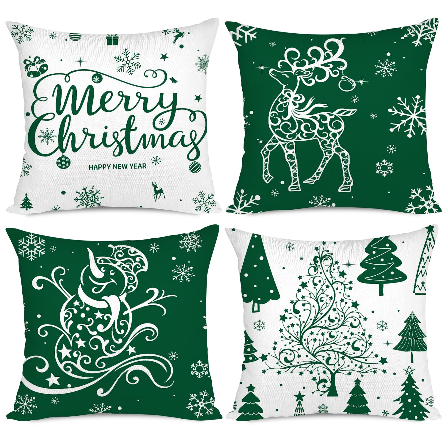 Miaikoe Christmas Cushion Covers 50x50 Set of 4 Decorative Holiday Farmhouse Pillow Cases with Trees, Deer, Snowman, Merry Christmas Motif (Green)