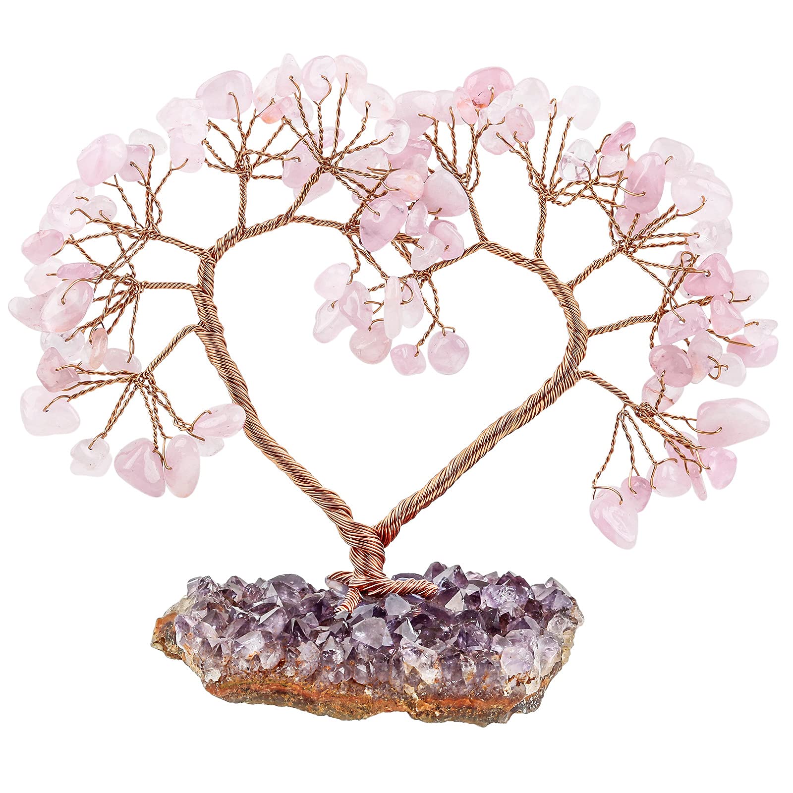 mookaitedecor Rose Quartz Love Heart Crystal Tree with Amethyst Cluster Crystal Base, Healing Semi Precious Stone Money Tree Feng Shui Ornaments for Wealth Luck Wedding Desk Decor