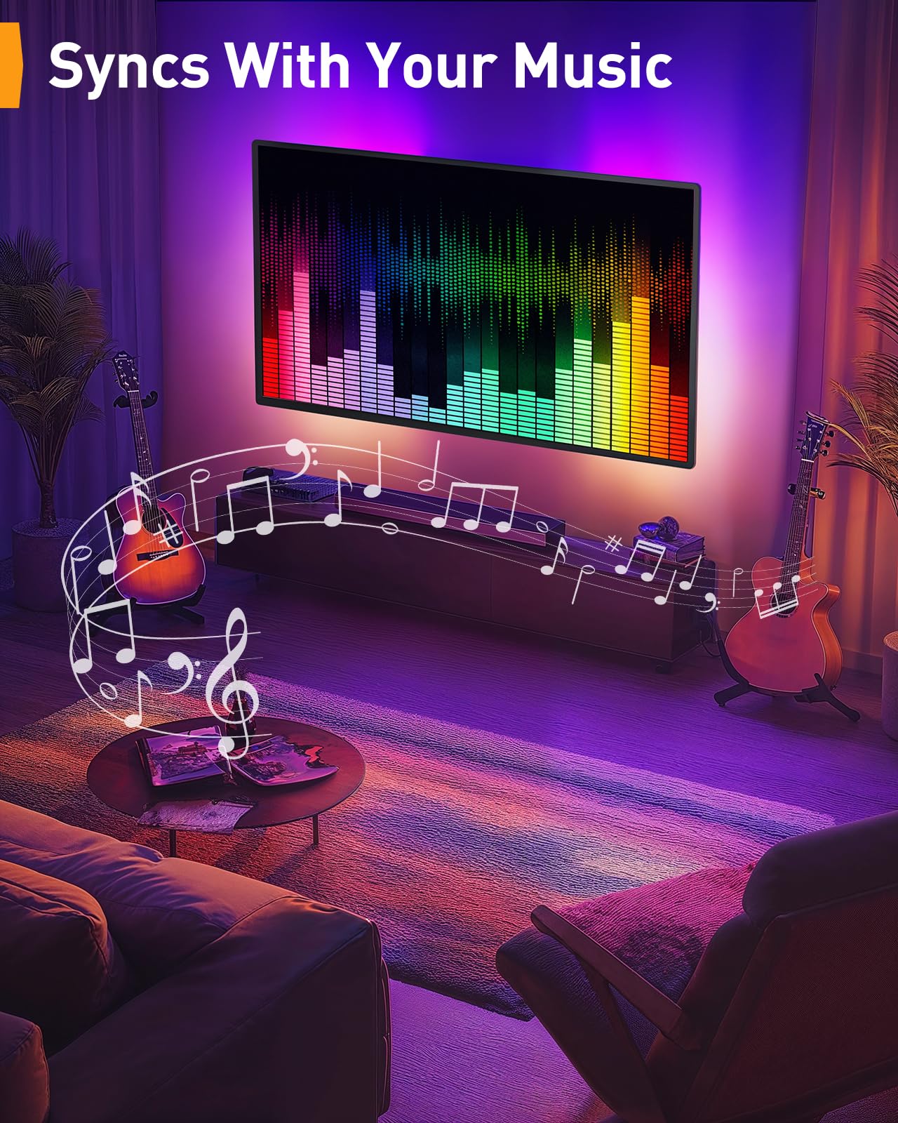 Perlegear TV Wandhalterung für 26-65 Zoll TVs bis 45 kg, LED-Hintergrundbeleuchtung mit Musik-Synchronisation, Max VESA 400x400mm mit Schwenk, Erweiterungs und Neigefunktion PGMF20 4