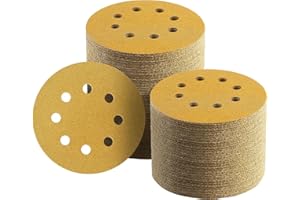Keeimp 100 Pcs 5 Inch Sanding Discs Hook and Loop, 120 Grit Sandpaper for Woodworking or Automotive, 8 Hole Gold Premium Dustless Random Orbit Sandpaper
