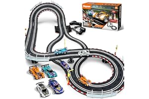 HAYXUN Electric Slot Car Race Track Sets - Race Car Track Sets with 4 High-Speed Slot Cars 1:43 with Headlights, 2 Hand Controllers, Dual Racing Game Lap Counter, Birthday, Toys for Children