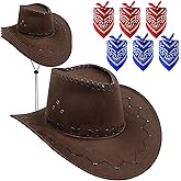 Komphy 12 Pack Cowboy Hat Bulk, Brown Wide Brim Western Cowboy Hat, Faux Suede Cowboy Hats Party Hats with Bandana and Adjustable Drawstring for Men Women Costume Party