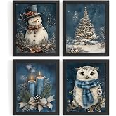 DSHFG Navy Blue Winter Vintage Christmas Pictures Wall Decor Prints 8x10 | Snowman Rustic Christmas Wall Art Decor for Home Bedroom Bathroom Living Room, Xmas Decor Winter Posters Set of 4 Unframed
