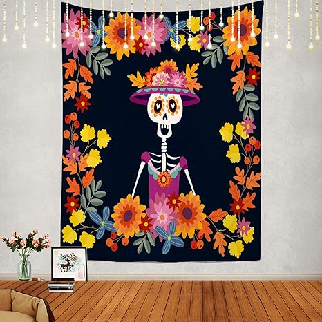 Amazon Com Shrahala Mexican Tapestry Dia De Muertos Mariachi Band Of Skeletons And Wall Hanging Large Tapestry Psychedelic Tapestry Decorations Bedroom Living Room Dorm 59 1 X 39 4 Inches Black Floral Home Kitchen