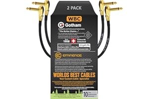 WORLDS BEST CABLES 2 Units - 8 Inch - Gotham GAC-1 Ultra Pro - Low-Cap (21pF/ft) Guitar Bass Effects Instrument, Patch Cable & Gold (6.35mm) Low-Profile R/A Pancake Type Connectors - Custom Made