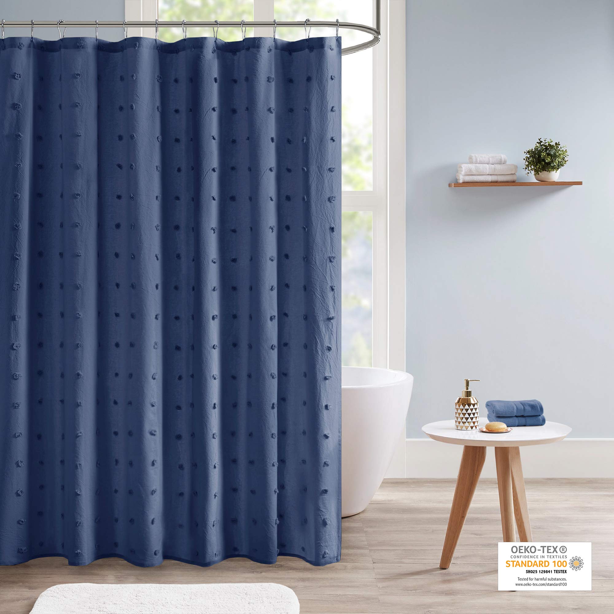 Urban Habitat Brooklyn Cotton Fabric Shower Curtain Jacquard Pom Machine Washable Shabby Chic Modern Home Bathroom Décor Bathtub Privacy Screen, 70" x 72", Indigo Blue