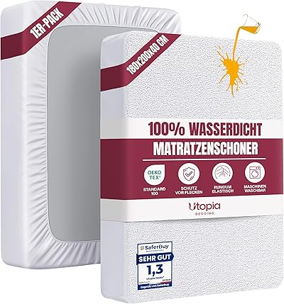 Utopia Bedding Matratzenschoner 180 x 200 x 40 cm Wasserdicht, Oeko-TEX Zertifiziert Matratzenauflage Atmungsaktive, Matratzenschutz, Rundum Elastisch Weiß