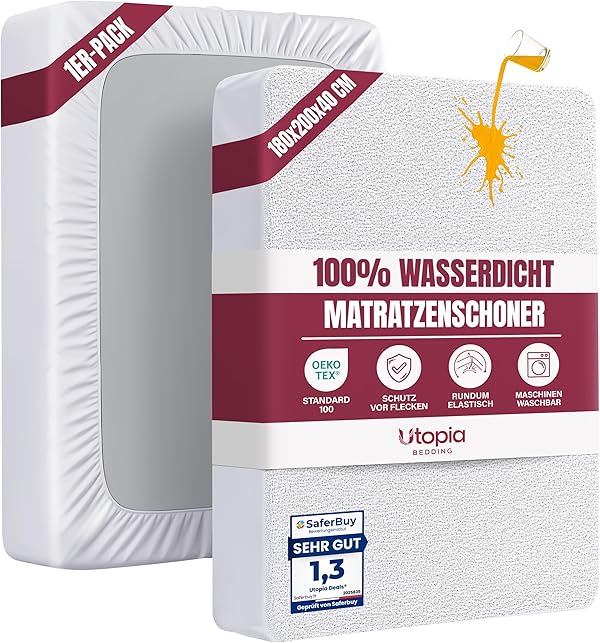 Utopia Bedding Matratzenschoner 180 x 200 x 40 cm Wasserdicht, Oeko-TEX Zertifiziert Matratzenauflage Atmungsaktive, Matratzenschutz, Rundum Elastisch Weiß
