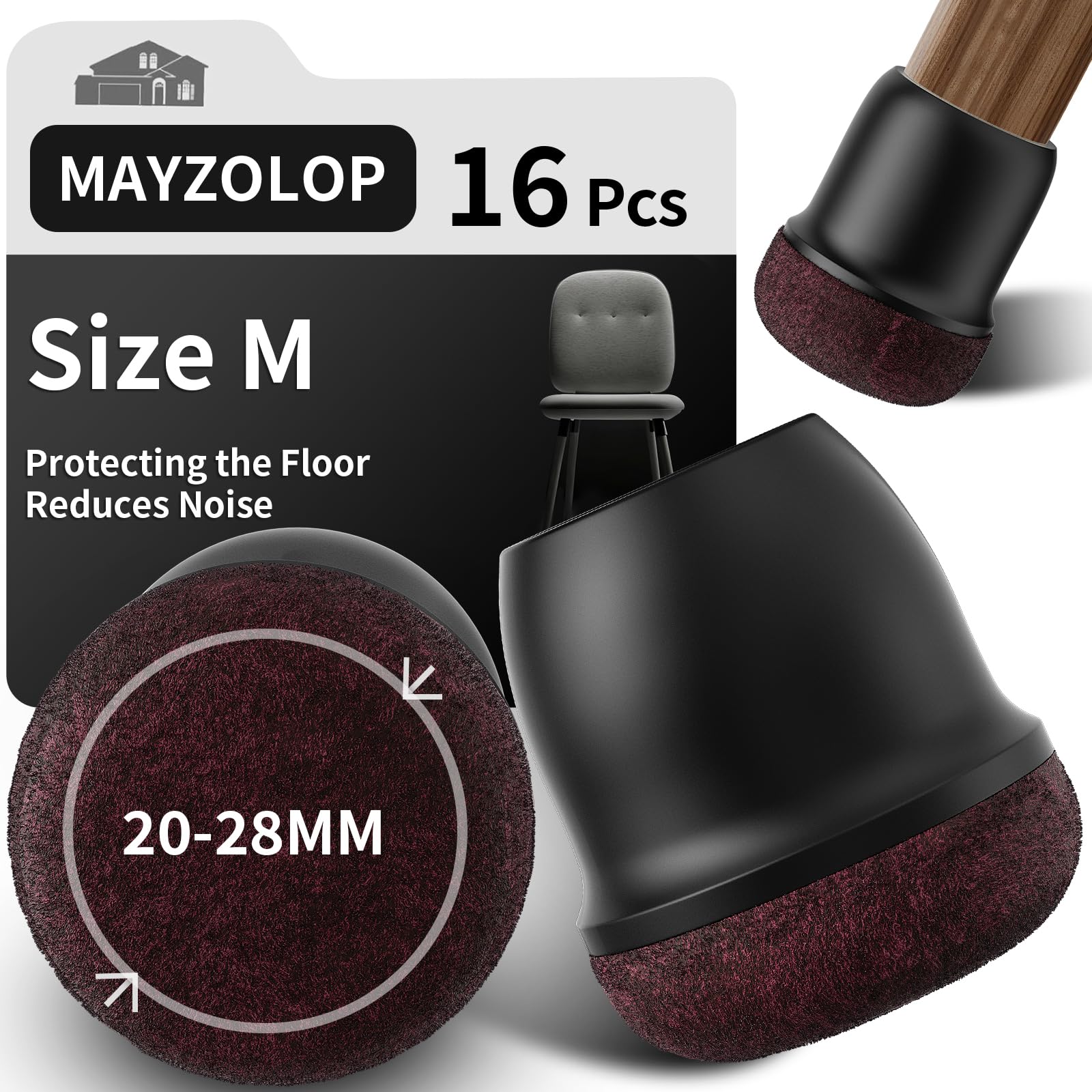 MAYZOLOP 16PCS Chair Leg Floor Protectors, Ø20-28mm Round Black Silicone Chair Leg Caps with Felt Pads, Hardwood Floor Protectors for Furniture Legs,No Scratches No Noise