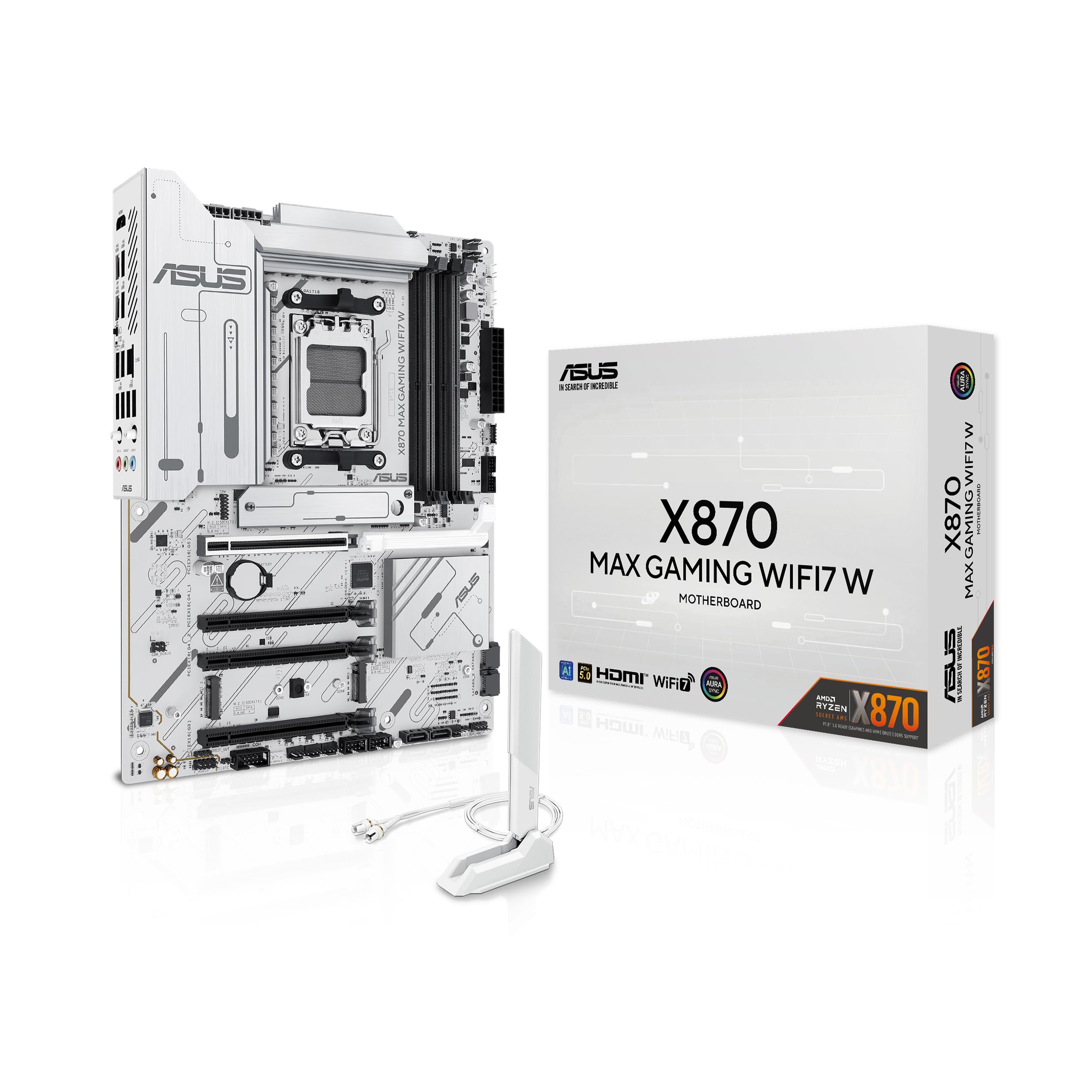 ASUS X870 MAX Gaming WIFI7W Motherboard Socket AMD AM5 (Ryzen 9000, ATX, DDR5 Memory, PCIe 5.0, WiFi 7, Aura Sync, PCIe Slot Q-Release, CEC Tier II, White)