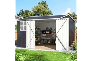 DAUSOLA 10x10 FT Outdoor Storage Shed, Metal Garden Tool Shed with Updated Frame Structure, Lockable Doors and Windows, Ideal for Backyard Garden Patio Lawn, Grey