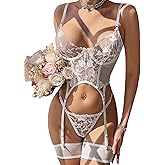 Sexy Lingerie Sets for Women Classy,Lace Womens Corset Teddy Lingerie 3 Piece with Garter Belt