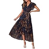 Simplee Womens Summer Floral Maxi Dress 2026 Short Sleeve V Neck Belted Mesh Hem Split Flowy Beach Wedding Guest Dresses