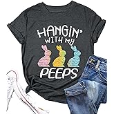 Easter Shirts for Women Hanging with My Peeps Easter Shirt Bunny Rabbit Graphic T-Shirt Casual Short Sleeve Tops