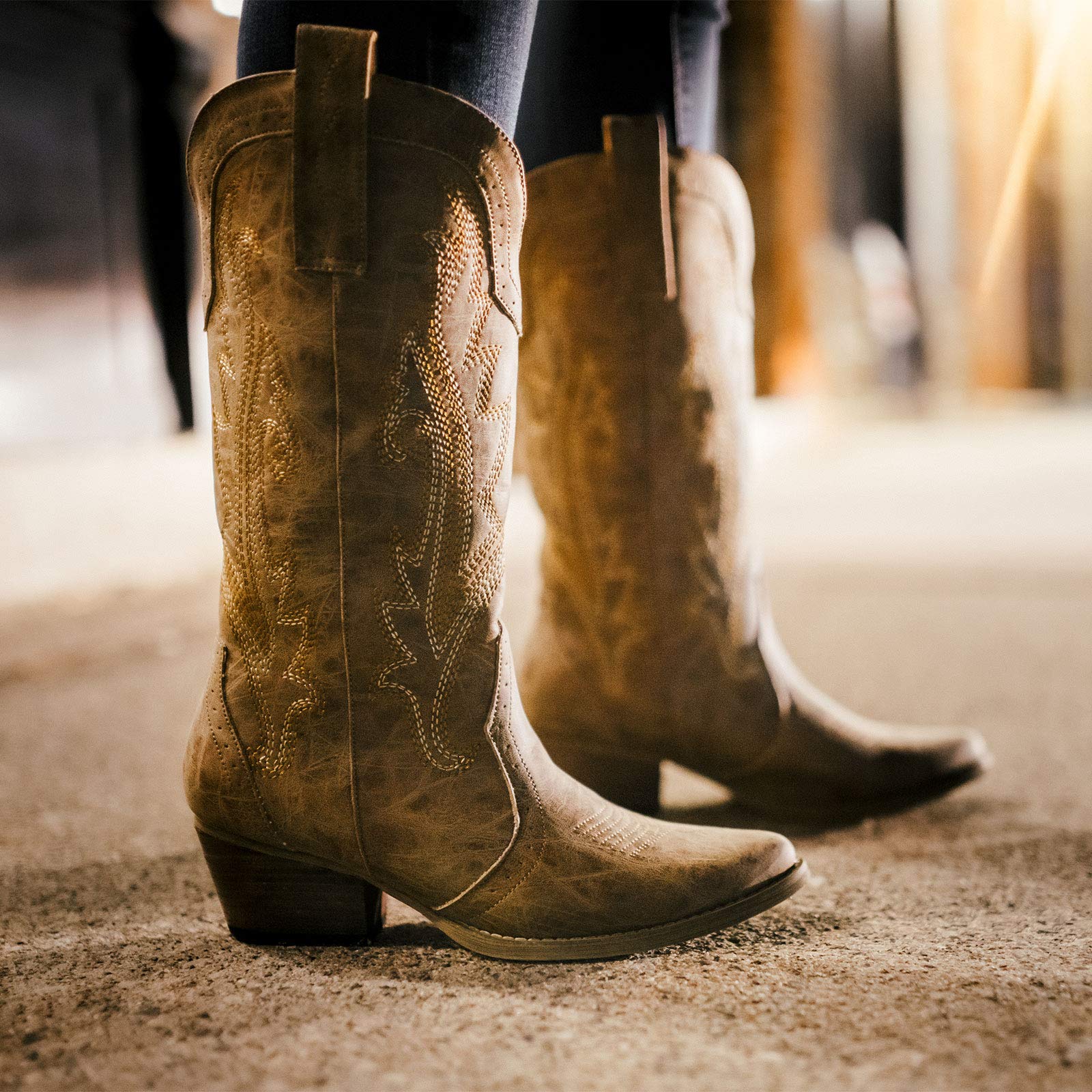 HISEA Rollda Cowboy Boots for Women, Cowgirl Boots, Comfortable Western Boots with Pointed Toe Stitched Embroidery for Country Concert Dancing Wedding Traveling Daily Outfits