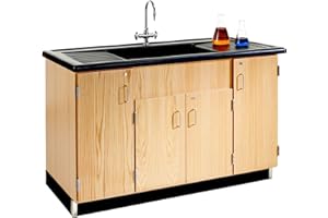 DIVERSIFIED WOODCRAFTS Diversified Spaces Classroom Clean Up Sink, 55.5"W x 28"D X 36.5"H, Oak Construction, 4 Locking Cabinets, Once Piece Polyolefin Top, Faucet, Made in The U.S.A.