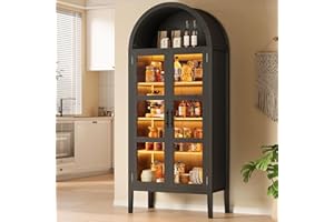 70" Tall Arched Pantry Cabinet with LED Lighting, Glass Door Wood Display Bookcase with Adjustable Shelves for Kitchen, Dinin