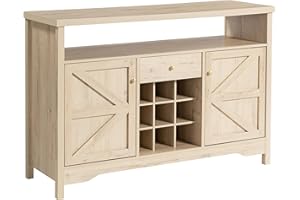 VDNEND 45.7” Wine Cabinet，Farmhouse Home Coffee Bar Sideboard Buffet Cabinet Liquor Storage with 9 Wine Racks & 2 Doors for Kitchen, Living and Dining Room (1, White Oak)