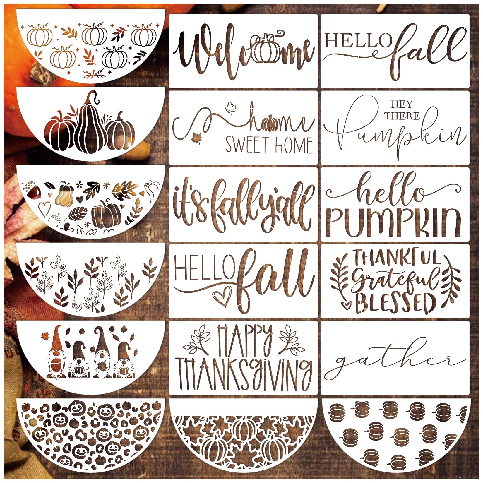 Photo 1 of Fall Stencils for Painting on Wood Crafts Reusable Thanksgiving Stencil Welcome Autumn Hello Pumpkin Paint Stencils for Doormat Fabric Furniture(18 Half Round)