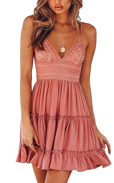 ECOWISH V Ausschnitt Kleid Damen Spitzenkleid Träger Rückenfreies Kleider Sommerkleider Strandkleider Weiß