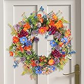 20" Colorful Wildflower Spring Summer Wreath with Green Leaves, Floral Artificial Wreath for Front Door Home Wall Wedding Farmhouse Holiday Outdoor Indoor Décor (Orange)