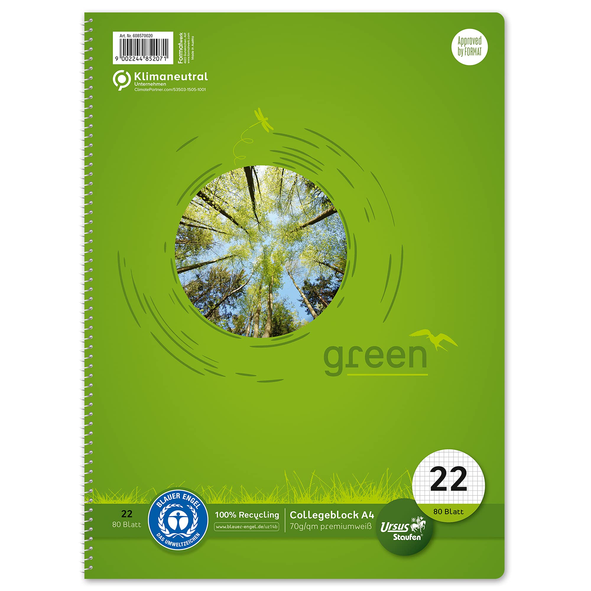 Staufen Green College Notepad - DIN A4, Line Style 22 (5 mm Squared), 80 Sheets, 4 Holes, Premium White 70 g/m² Recycled Paper, Pack of 1