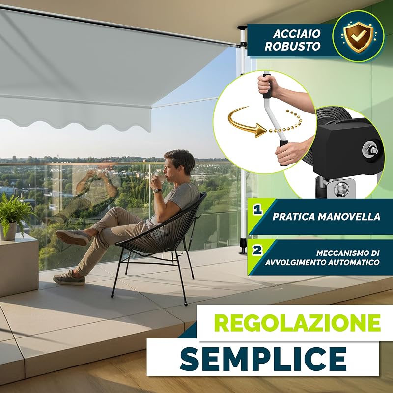 Tenda da Sole a Bracci con Manovella | Protezione Balcone, Regolabile, Senza Forare, a Manovella | Tenda resistente per Esterno (Grigio chiaro, 250cm)