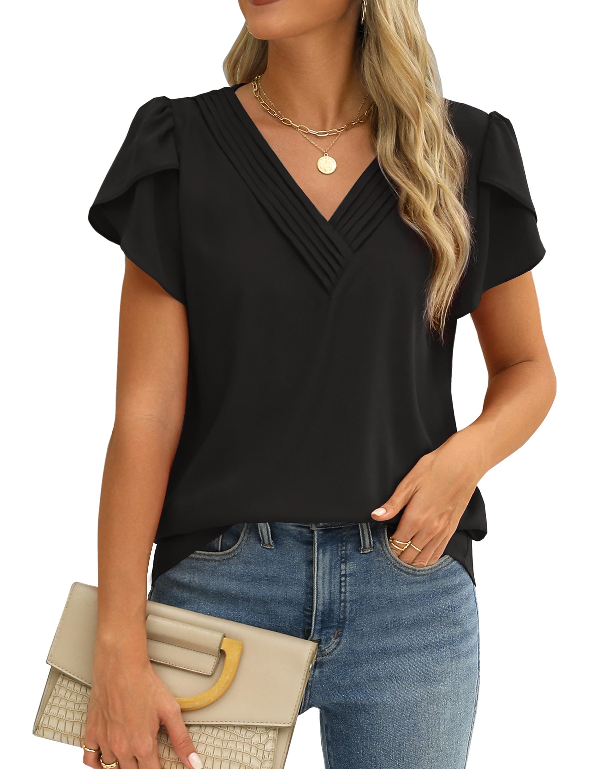 Photo 1 of (2xl) Fayenne Womens Tops Dressy Casual V Neck Ruffle Short Sleeve Blouse Business Casual 
